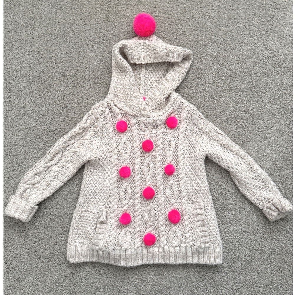 Mini Boden Girls Oatmeal Cable Knit Pom Pom Hooded Sweater Beige Pink 3-4Y